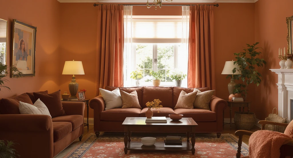 How to choose a rug for terracotta living room: a brown sofa and brown curtains in a modern living area with neutral rug color ideas for terracotta walls.