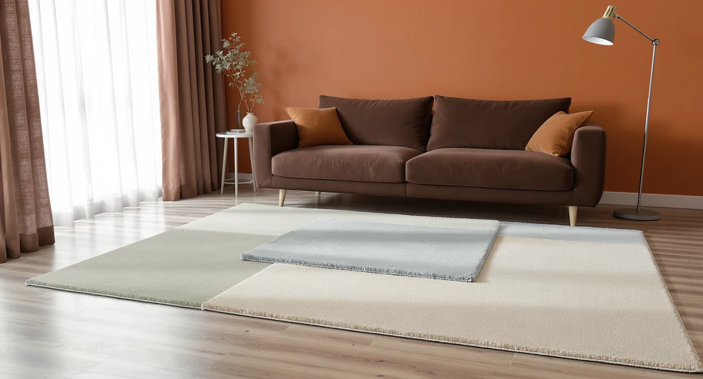 Rug swatches in pale sage, dusty blue, and oat on wood floor of terracotta living room with brown sofa, shown under both daylight and LED lamp. How to choose a rug for terracotta living room, rug color ideas for brown sofa and terracotta walls, does rug size affect room appearance, avoiding clashing colors in living room decor, what size rug for small living room with sectional.