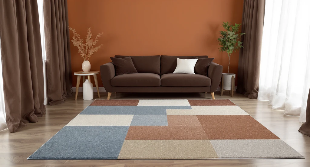 Editorial photo of a terracotta living room with brown sofa and curtains, featuring a muted blue area rug with cocoa, ivory, and terracotta accents for how to choose a rug for terracotta living room, rug color ideas for brown sofa and terracotta walls, and avoiding clashing colors in living room decor.
