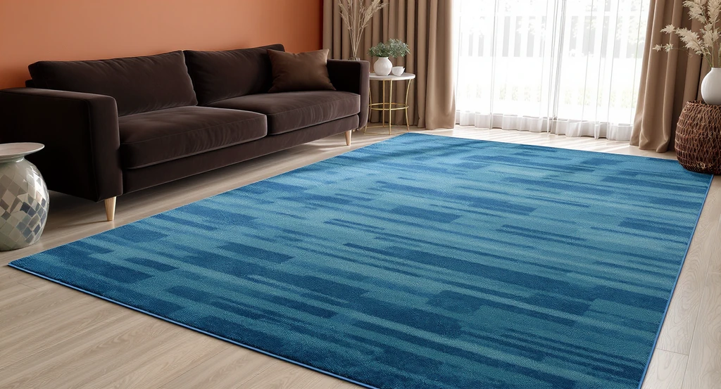 How to choose a rug for terracotta living room: a blue and teal area rug creates visual relief beside a brown sofa and terracotta walls, showing rug color ideas and how rug size affects room appearance, avoiding clashing colors for small living room with sectional.