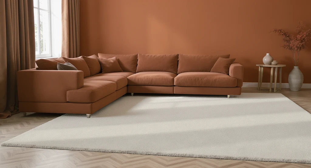 How to choose a rug for terracotta living room: a neutral large area rug anchors a brown sectional sofa, with front legs on the rug, separating seating from terracotta walls and curtains. Rug color ideas for brown sofa and terracotta walls, does rug size affect room appearance, avoiding clashing colors in living room decor, what size rug for small living room with sectional all demonstrated.