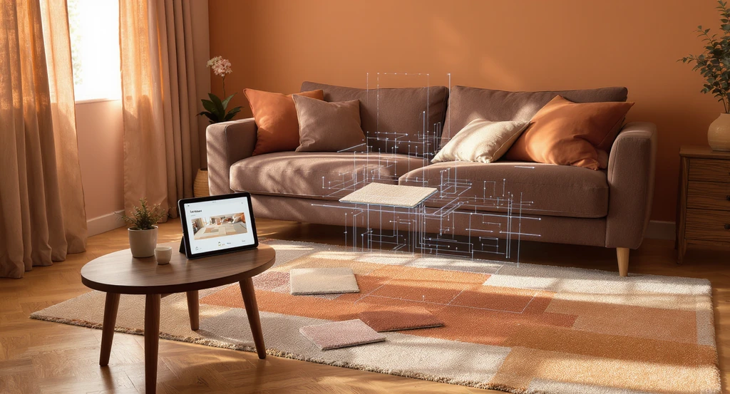 How to choose a rug for terracotta living room: a brown sofa and terracotta walls with a tablet previewing rug color ideas, sample swatches, and different rug sizes to avoid clashing colors and see how size affects appearance.