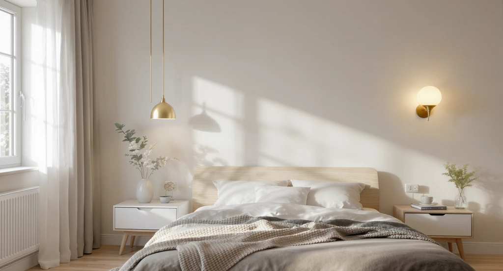 Modern bedroom showing side-by-side comparison to help with choosing between pendant and sconce bedroom lights, perfectly staged to decide bedroom lighting style, with a pendant on one side and a sconce on the other—demonstrating if pendant lights fit in small bedrooms or if wall sconces are safer around children, and how each can make the room look bigger.