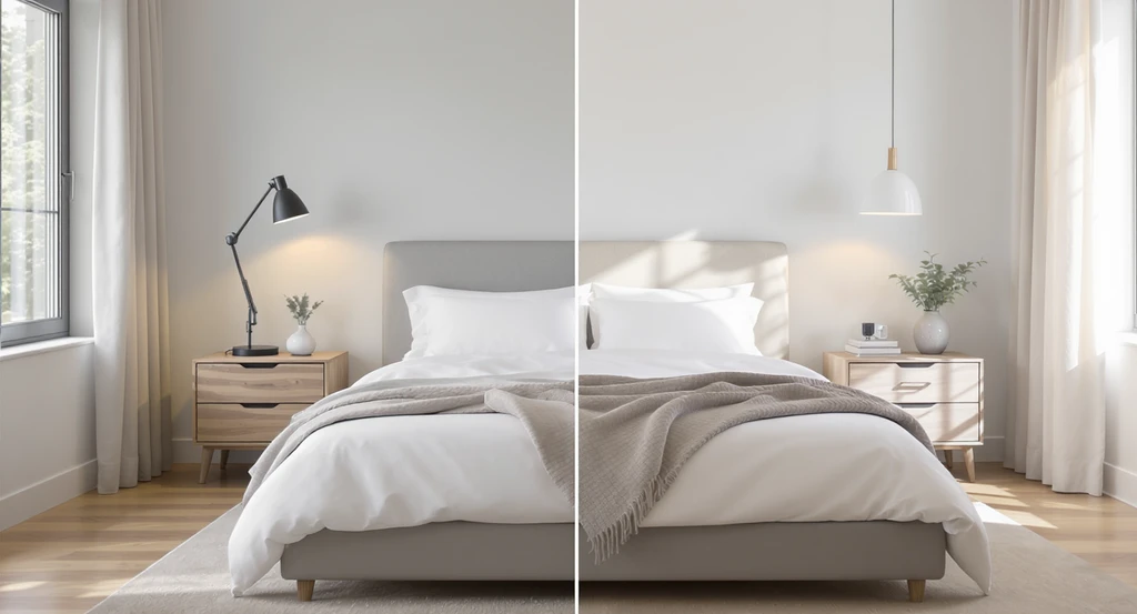 Modern bedroom with a pendant light on one side of the bed and a sconce on the other, illustrating how to decide bedroom lighting style, choosing between pendant and sconce bedroom lights, will pendant lights fit in small bedroom, are wall sconces safer around children, do pendant lights make a room look bigger.