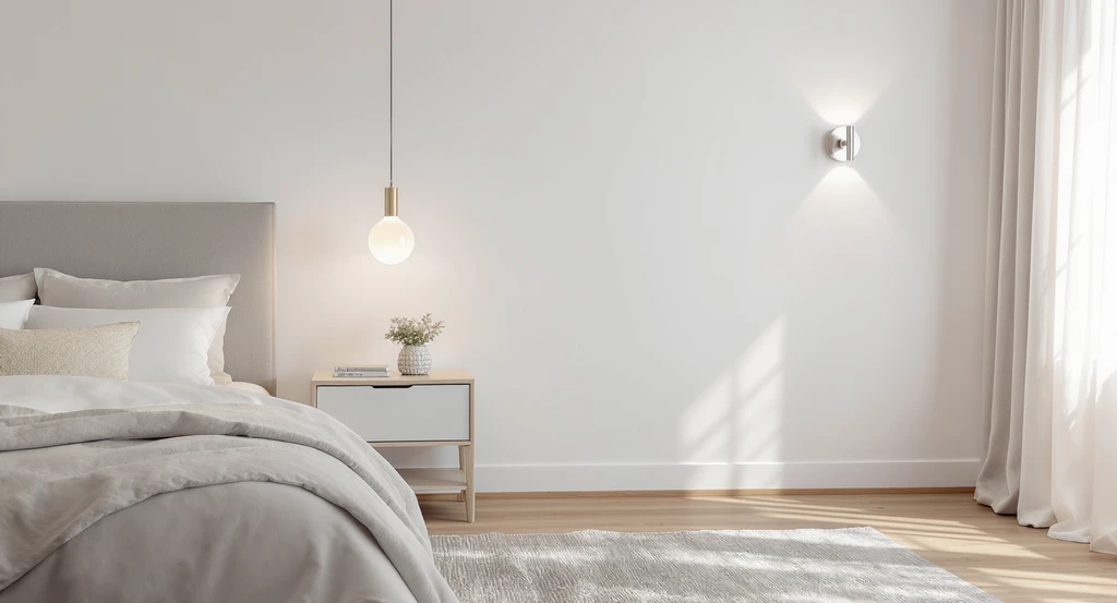 Modern bedroom showing both a pendant light hung 24 inches above a nightstand and 48 inches from the bed, and a wall sconce mounted at gallery height, illustrating choosing between pendant and sconce bedroom lights, how to decide bedroom lighting style, and whether pendant lights fit in small bedrooms or if wall sconces are safer around children.