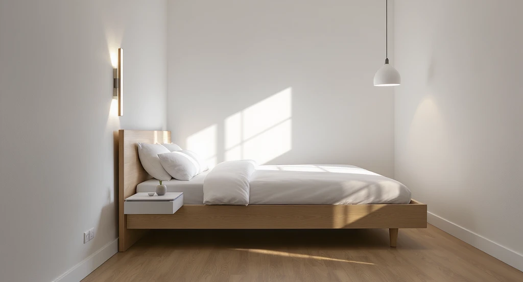 Editorial photo comparing pendant and sconce bedroom lights in a small modern room, illustrating how to decide bedroom lighting style and if pendant lights make a room look bigger.