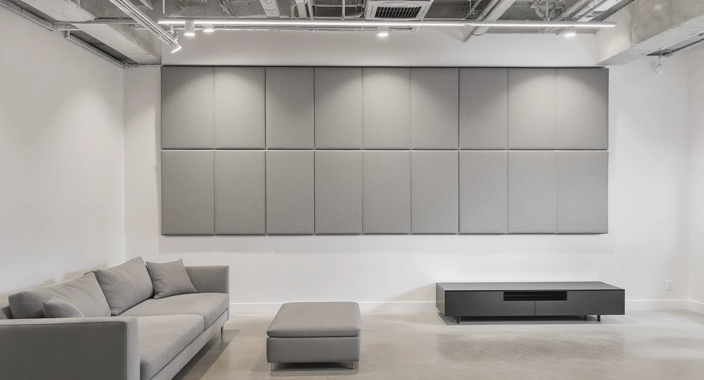 Basement lounge with a large absorbent fabric wall art panel correctly scaled to cover over half of a wide empty wall, perfect for decorating large basement spaces and improving acoustics.