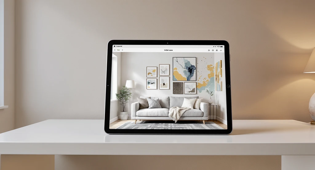 Digital visualization tool on a tablet previews creative wall decor ideas for basements, showing how to decorate empty basement walls virtually before deciding.