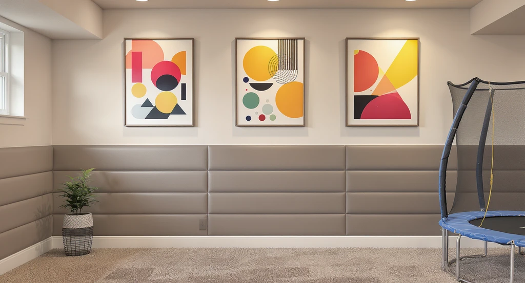 Creative wall decor ideas for basements featuring padded, durable wall panels with vibrant art above, illustrating how to decorate empty basement walls safely and stylishly.