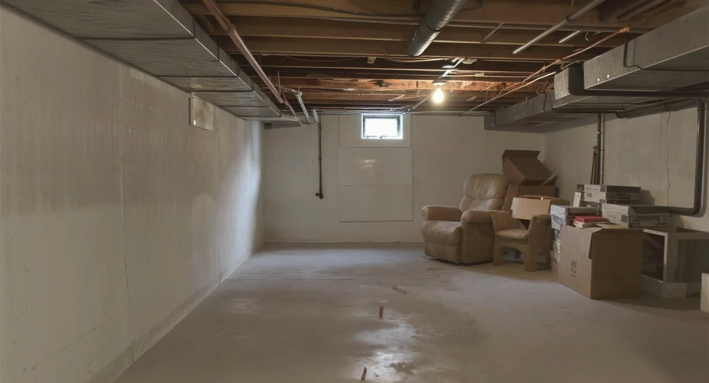 Unfurnished basement with blank drywall, awkward angles, low ceiling, and scattered decor—showing the challenges of creative wall decor ideas for basements.