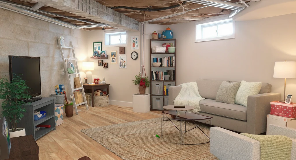 Modern finished basement with creative wall decor, including acoustic panels, framed art, shelving, and soft lighting, showing how to decorate empty basement walls for comfort and safety.