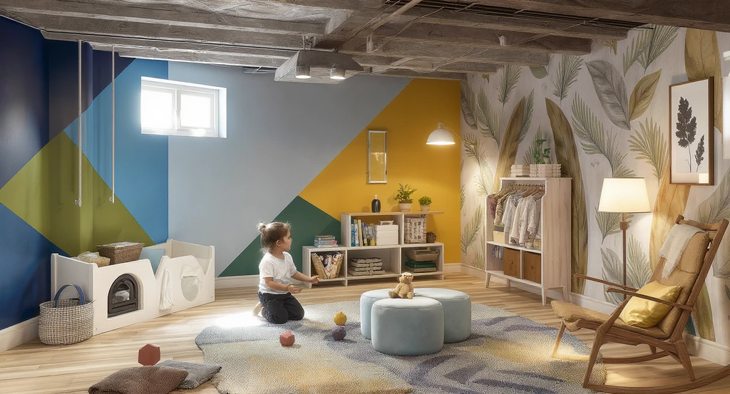 Creative wall decor in a large basement uses color-blocked paint and murals to define play and relaxation zones, helping decorate empty basement walls and improve visual flow.
