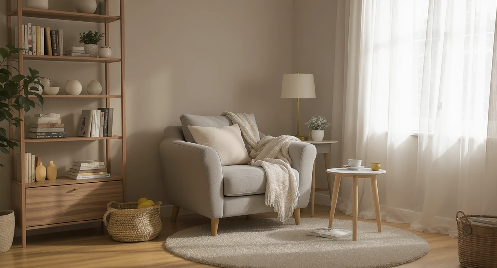 How to create a functional reading nook by placing a supportive armchair and reading lamp in a quiet, sunny bedroom corner, away from distractions.