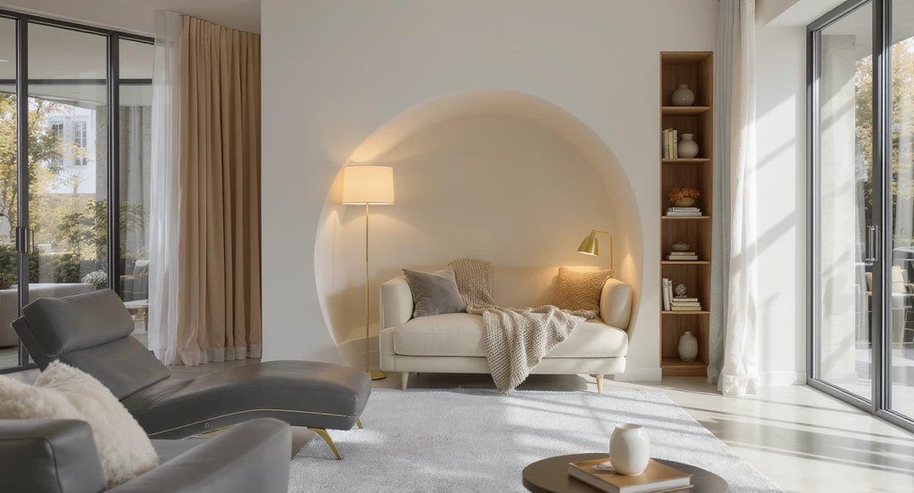 Cozy living room reading nook defined by a rug, tall floor lamp, supportive chair, low bookshelf, and chaise back; functional reading nook ideas for living room, with best lighting for cozy reading nook, minimizing distractions in a small nook.