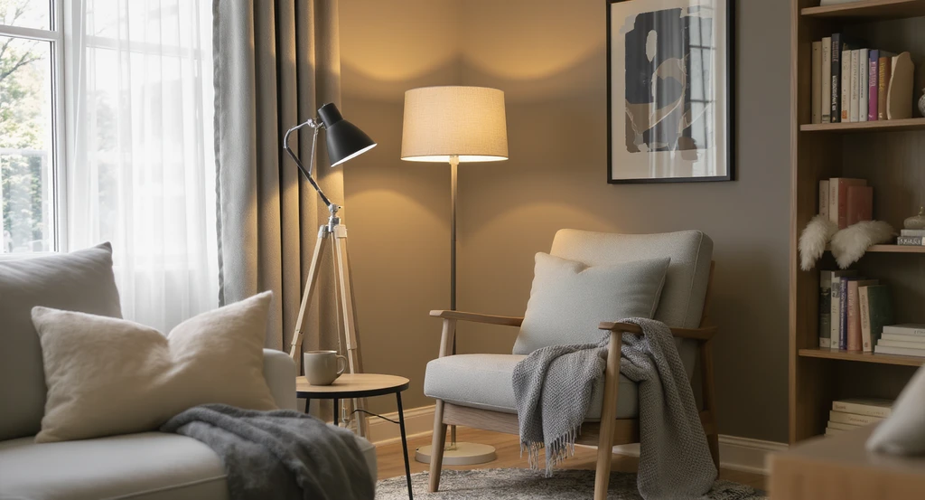 Modern reading nook with layered lighting: daylight from a window, a wall-mounted task lamp, a supportive chair, and inviting reading decor.