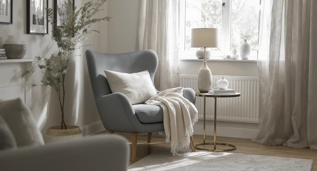 Stylish living room reading nook with rigid chair, minimal lighting, and decorative clutter, illustrating how to create a functional reading nook and highlighting why supportive seating and best lighting for a cozy reading nook matter in minimizing distractions in a reading corner.