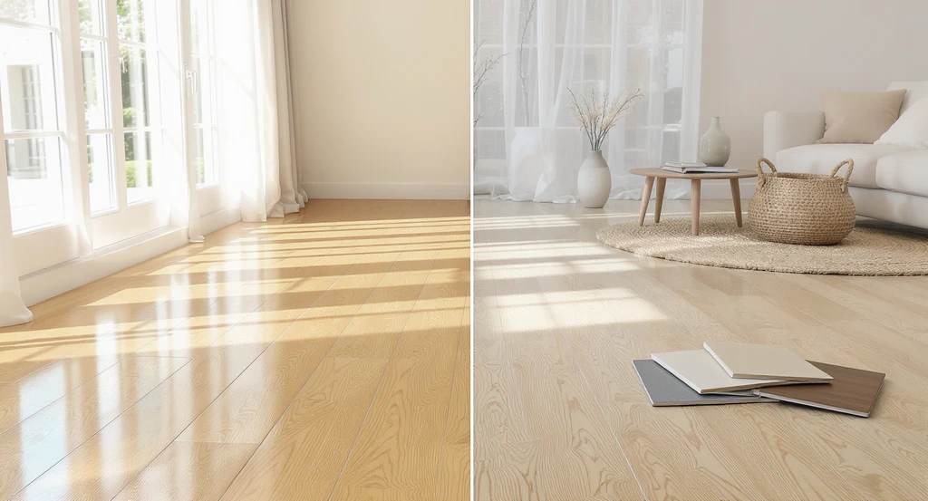 Sunlit living room with side-by-side glossy and matte wood flooring, showing glare, dust, and scratches on gloss. Includes flooring samples tested in natural light for how to avoid flooring regret in renovations and the best flooring for high traffic homes by choosing timeless floor finishes over trends.