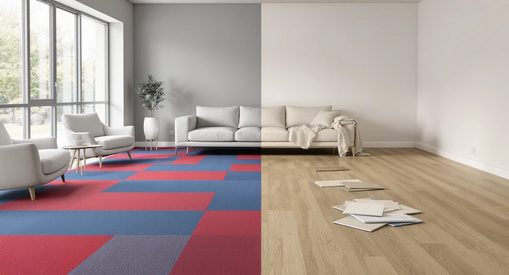 Modern living room showing side-by-side comparison of trendy bold flooring and timeless neutral flooring, demonstrating how to avoid flooring regret in renovations by testing flooring samples in natural light for best high traffic home results and choosing timeless finishes over trends.
