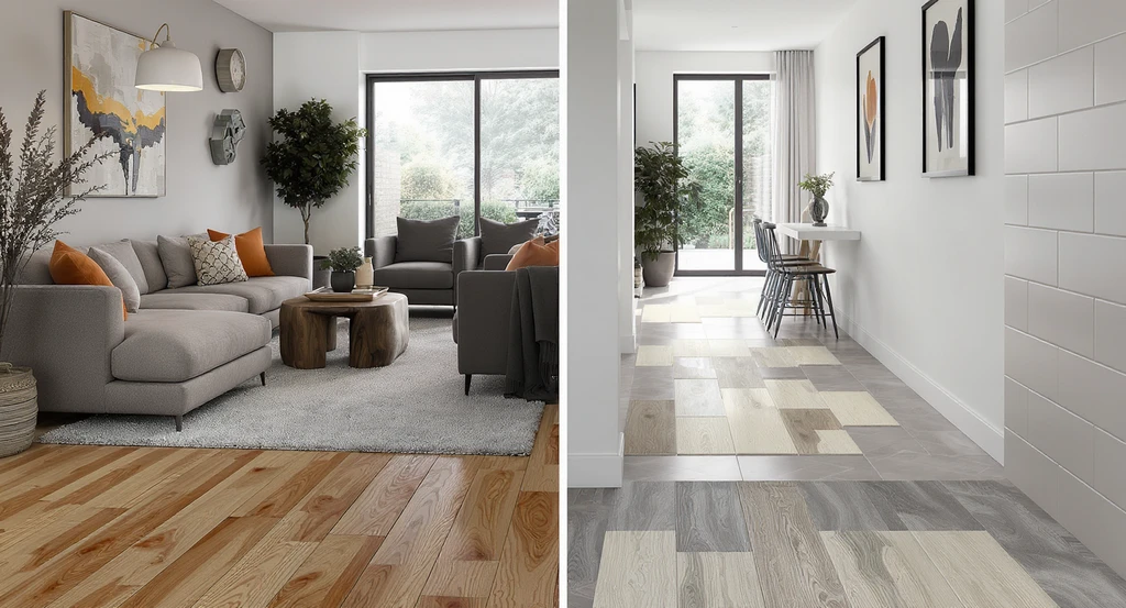 Two adjoining rooms show narrow wood planks in a large space and oversized tiles in a small hallway, highlighting how to avoid flooring regret in renovations by testing flooring samples in natural light and choosing the best flooring for high traffic homes.
