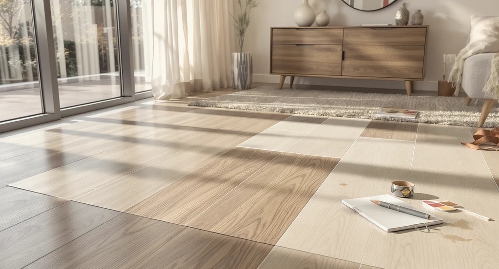 Modern living room with various flooring samples tested in natural light, tools for selection, and a visible high-traffic area—how to avoid flooring regret in renovations by choosing the best flooring for high traffic homes and testing timeless finishes over trends.