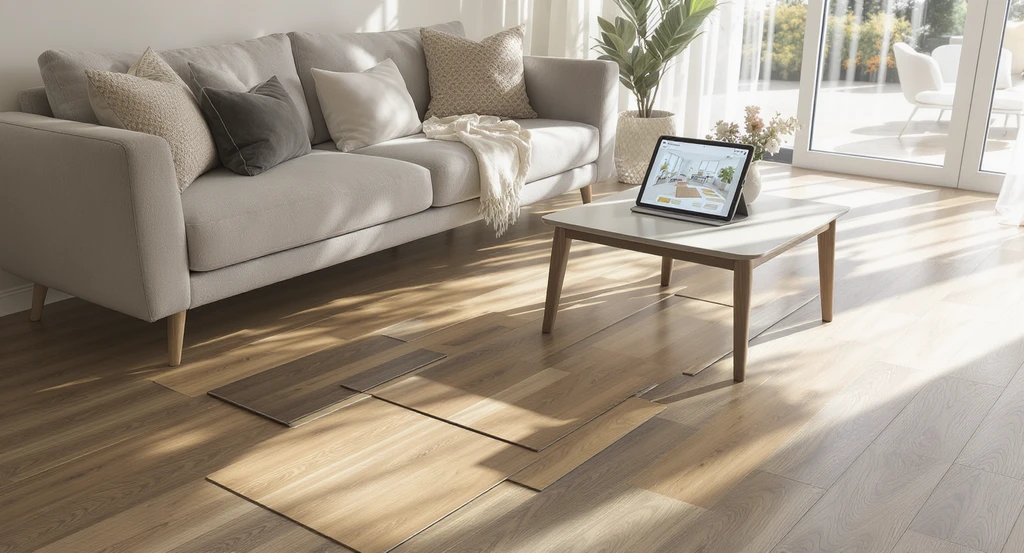 A natural-light living room with flooring samples laid out and a tablet showing virtual flooring preview, illustrating how to avoid flooring regret in renovations by testing best flooring for high traffic homes and choosing timeless floor finishes over trends.