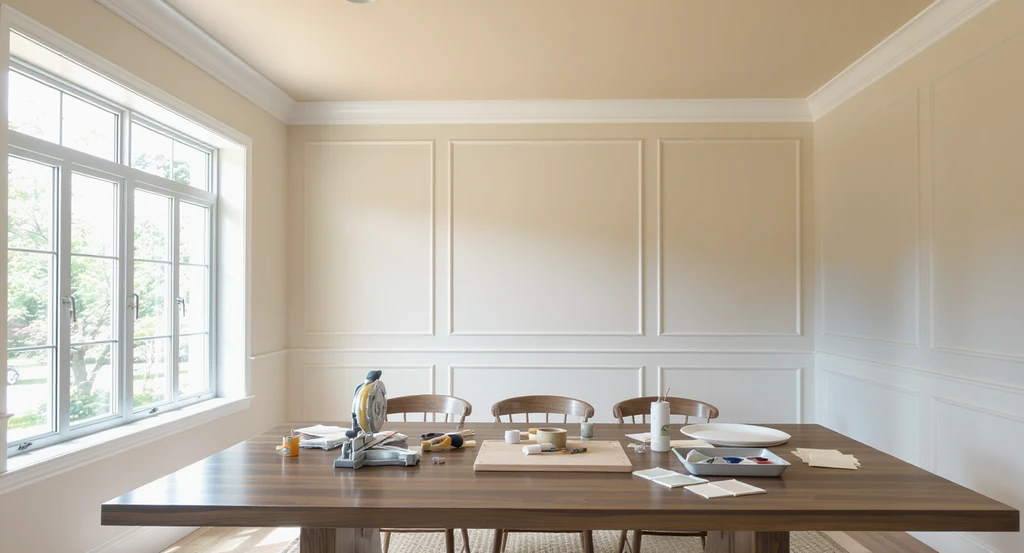 Modern dining room showing crown molding being installed and ceiling freshly painted for a cozy vibe, illustrating best paint finish for dining rooms, with a blend of modern and vintage furniture, and tips for choosing molding in small spaces.