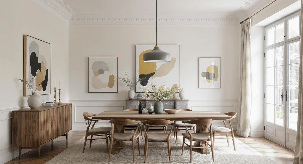 Contemporary dining room mixing modern and vintage furniture, white crown molding, and a matte painted ceiling. Highlights adding molding and painting dining room ceiling, how to mix modern and vintage furniture, tips for choosing crown molding in small spaces, and best ceiling paint finish for dining rooms.