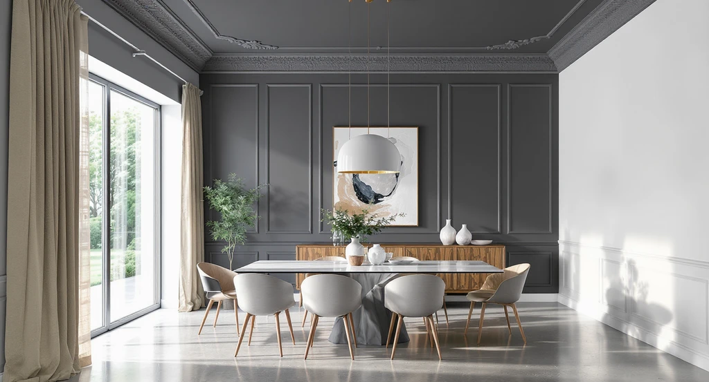 Modern dining room with nine-foot ceiling, one side featuring crown molding and painted ceiling, and the other plain, highlighting adding molding and painting dining room ceiling, best ceiling paint finish for dining rooms, should you paint your ceiling for cozy vibe, and tips for choosing crown molding in small spaces.