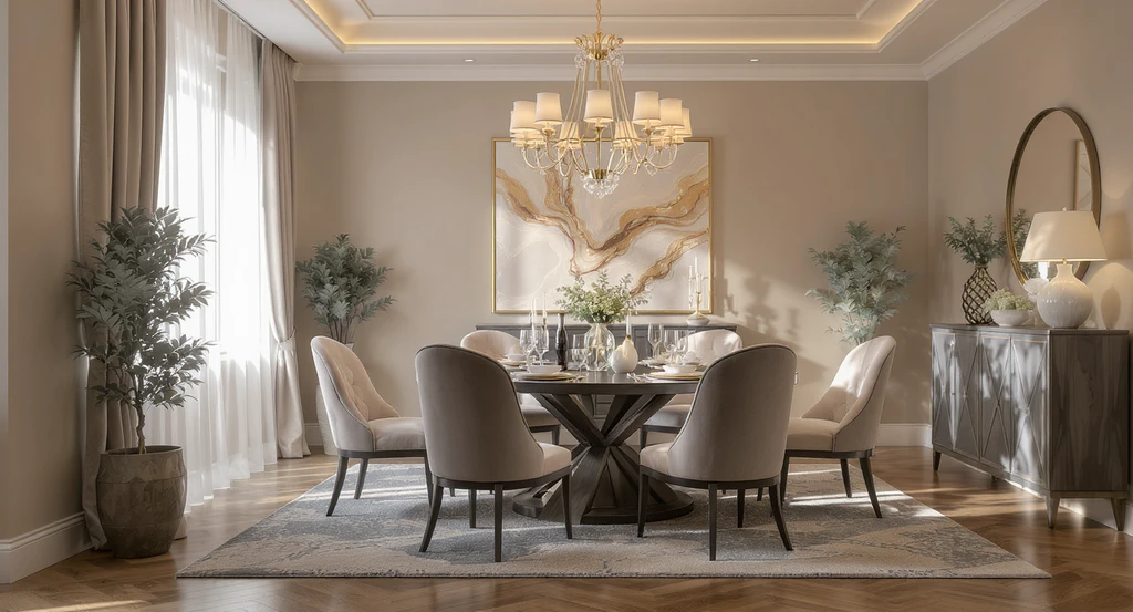 Dining room with proportioned crown molding, painted ceiling for a cozy vibe, modern-vintage mix furniture—tips for adding molding and painting dining room ceiling.