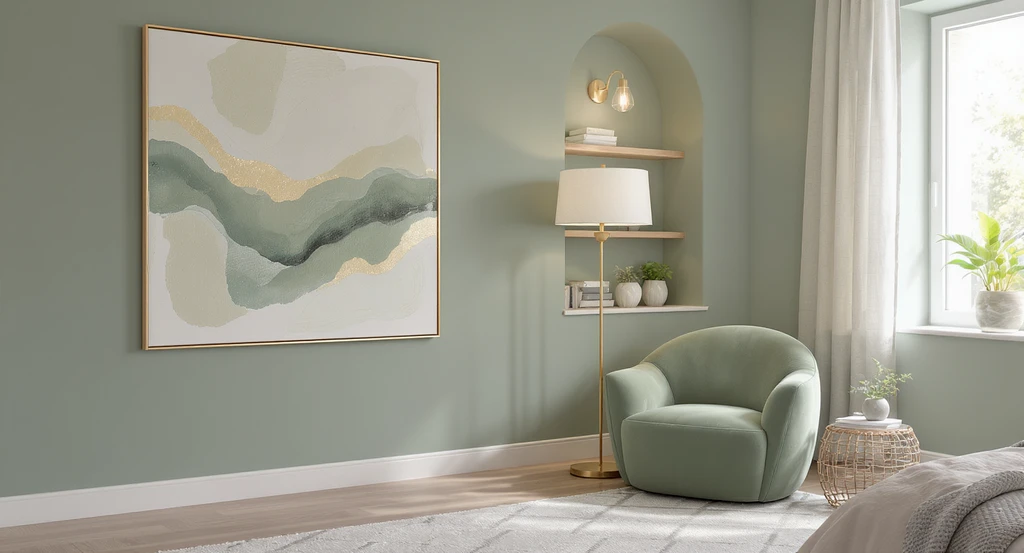 How to decorate empty bedroom corners with best furniture and curved wall art, showcasing layered lighting, alcove shelves, and a rug that makes the bedroom look bigger.
