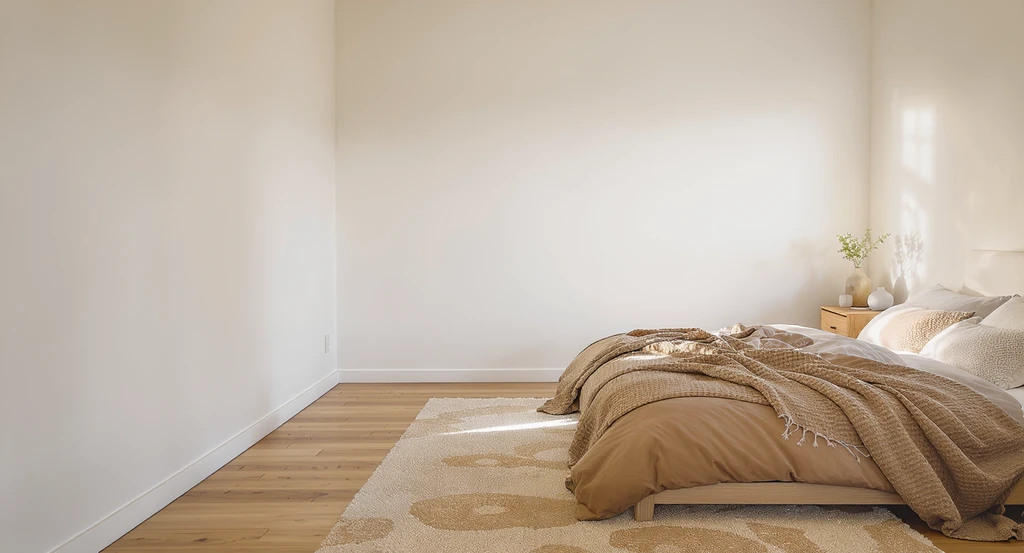 Bedroom interior showing an empty wall and corner with no decor, a layered bed, area rug, and minimal furniture, illustrating how to decorate empty bedroom corners and choose the best furniture for awkward spaces.