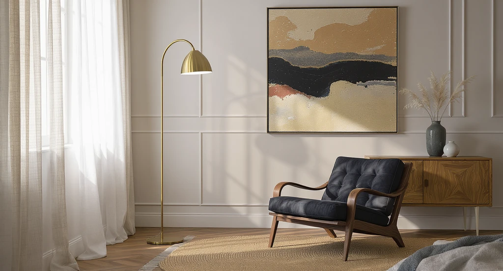 Realistic bedroom corner and wall with a tall lamp, large canvas art, a substantial chair, and an area rug showing how to decorate empty bedroom corners, best furniture for awkward bedroom spaces, and choosing wall art for small bedrooms.