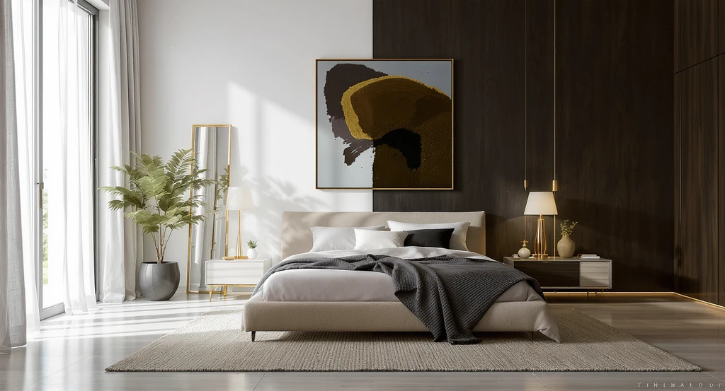 Modern bedroom corner with a tall lamp, standing mirror, oversized plant, and large wall art above a low bed, showing how to decorate empty bedroom corners and choose the best furniture for awkward bedroom spaces.