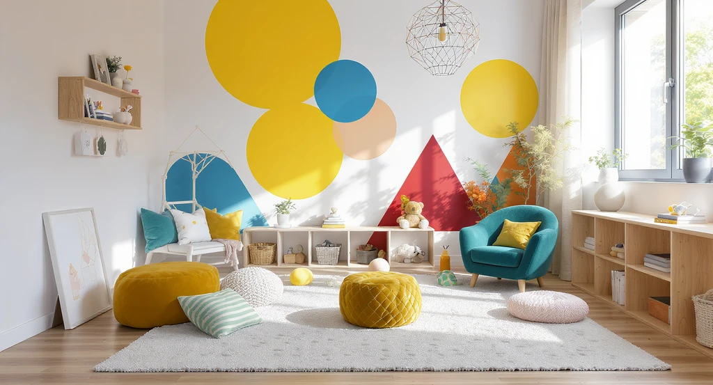 Bright toddler bedroom using creative design ideas with layered bold colors, playful wall mural, fun textures, and cozy tactile decor for kids’ rooms.