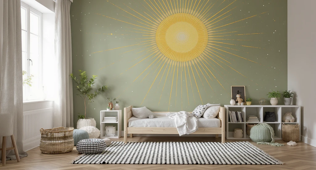 Creative bedroom design ideas for toddlers shown in a bright, playful room with an extended mural, symmetrical furniture, and natural textures.