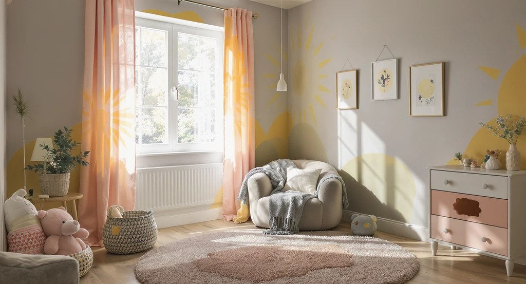 Creative bedroom design ideas for toddlers shown by a sun mural wrapping seamlessly around a window, a curvy pastel rug anchored under a chair, and harmonious color flow in a playful, stylish kids room corner.