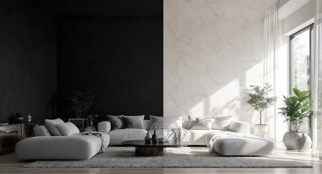 Contemporary living room showing the pros and cons of ceiling wallpaper, contrasting bold vs. restrained patterns to avoid renovation regret and choose the right ceiling wallpaper pattern.