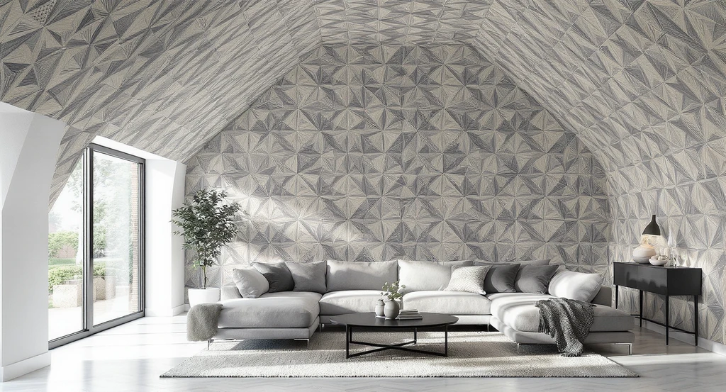 Modern living room showing should you put wallpaper on ceiling; highlights pros and cons of ceiling wallpaper and choosing the right pattern to avoid renovation regret and common mistakes.