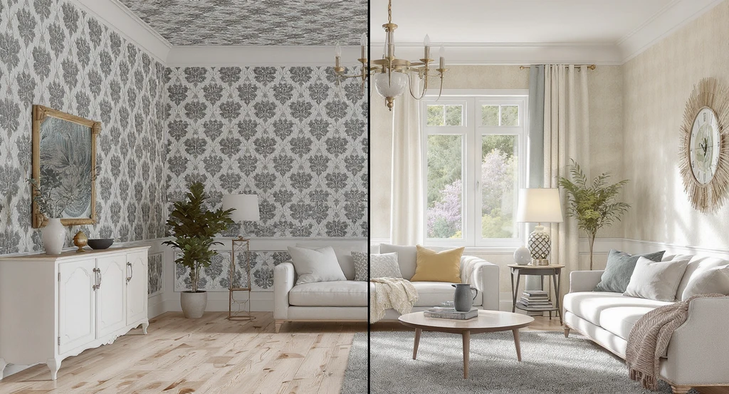 Living room showing one side with mismatched, clashing ceiling wallpaper and wall colors, and the other side with coordinated ceiling wallpaper, illustrating mistakes to avoid with wallpapered ceilings and tips for choosing the right ceiling wallpaper pattern for design harmony and how to avoid renovation regret with wallpaper.