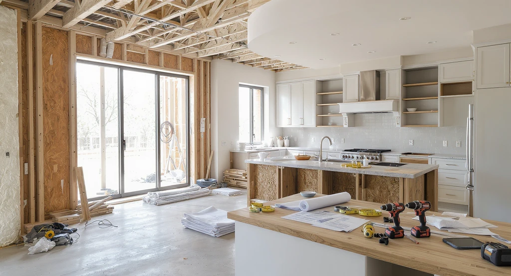 Renovated open-plan living and kitchen space with exposed walls, renovation materials, blueprints, and council documents, illustrating essential questions to ask before home renovation and how to avoid renovation regret.
