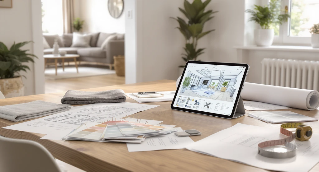 Home renovation workspace with iPad showing digital design, printed references, fabric swatches, and renovation sketches—illustrating how to avoid renovation regret by using staging versus full home remodel visualization to set realistic expectations and define renovation success.