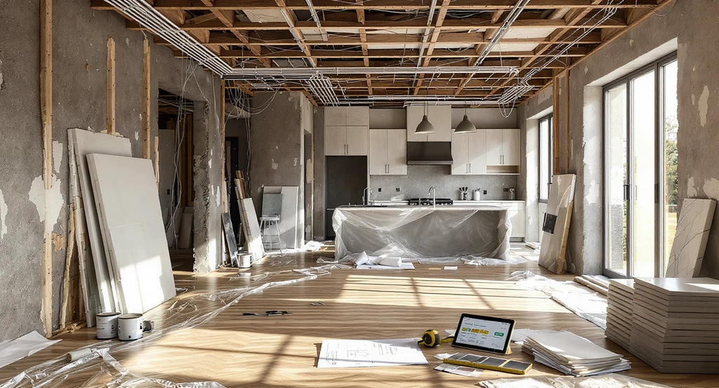 A modern living room and kitchen under renovation, with exposed walls, blueprints, renovation budget, and council planning documents representing questions to ask before home renovation and how to avoid renovation regret.