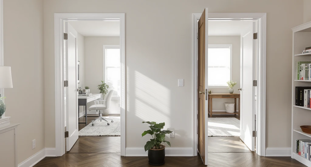 A home office shows a pocket door fully open opposite a hinged door in use; natural light highlights differences in space usage, ideal for choosing between pocket and hinged doors.