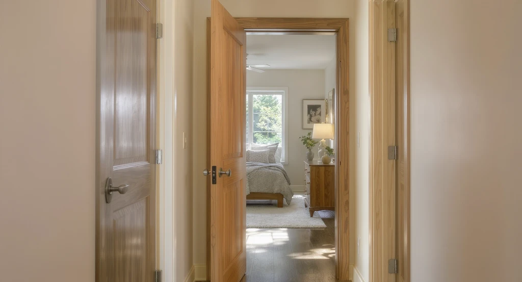 Modern home hallway comparing a pocket door leading to a bathroom and a regular hinged door to a bedroom, showing real-world use, materials, and privacy implications.