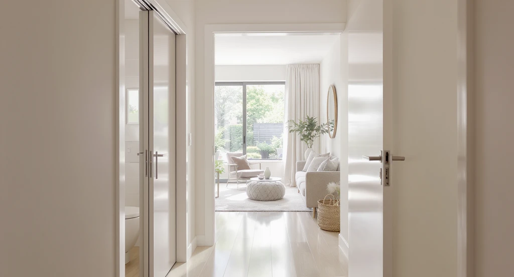 Modern hallway with a pocket door sliding neatly into the wall for a bathroom and a hinged door open nearby, showing the pros and cons when choosing between pocket and hinged doors, best room use, and privacy for pocket doors.