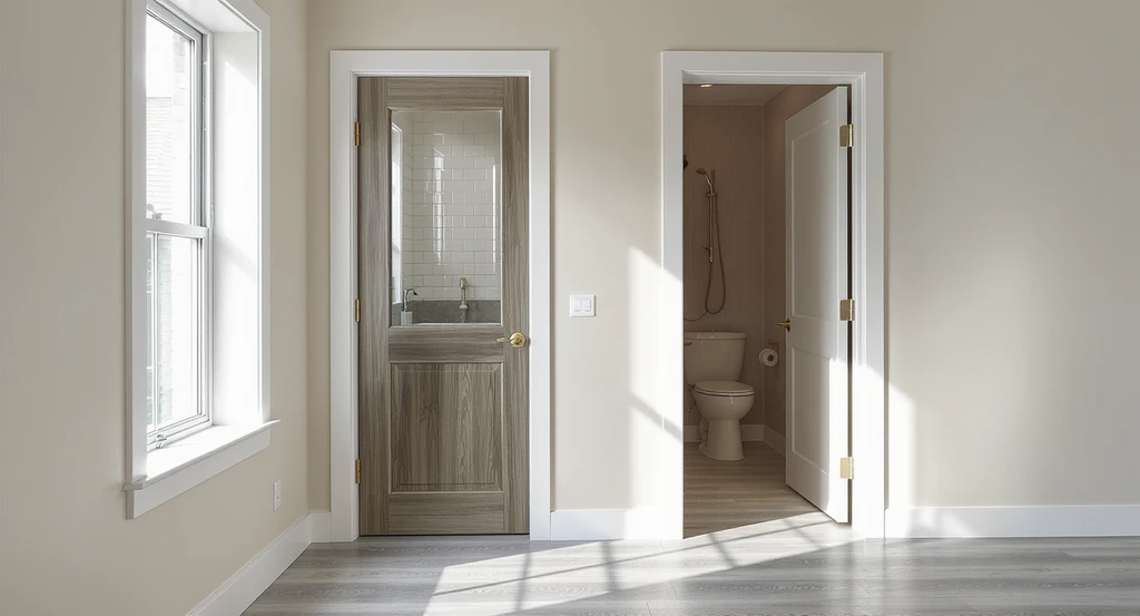 Modern hallway showing a pocket door and a regular hinged door leading to adjacent compact bathrooms, illustrating pros and cons of pocket doors, which rooms are best for pocket doors, and common regrets when replacing interior doors for bathroom privacy and space efficiency.