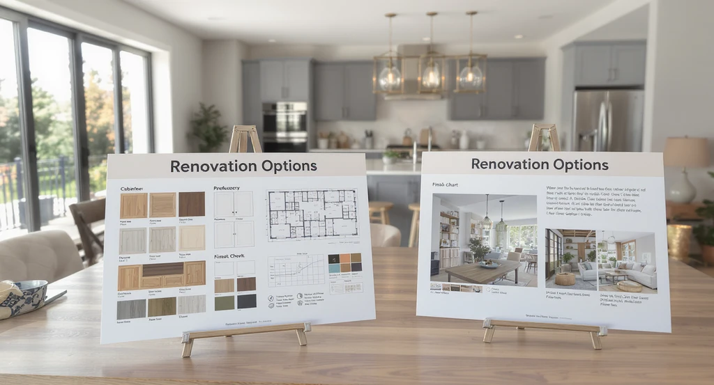 Open-concept kitchen and living area with side-by-side renovation and redecorating samples, showing how to decide between renovating and redecorating and helping avoid regret when remodeling your home.
