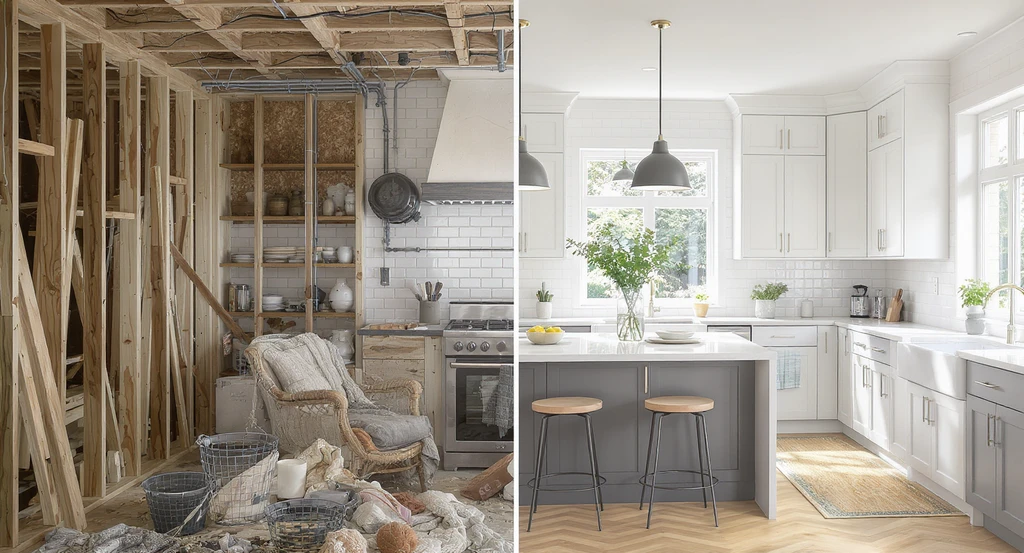 Split-view of a kitchen clearly showing the difference between renovation and redecoration, helping decide between renovating and redecorating, including exposed studs and finished decor, ideal for avoiding regret when remodeling your home or pondering questions to ask before redecorating.