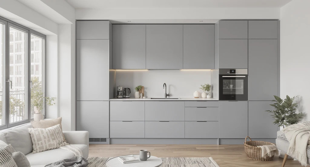 Open-plan studio apartment with camouflaged kitchen cabinetry, unified in matte finishes, demonstrating open-plan studio apartment design tips and solutions for large empty apartment walls.