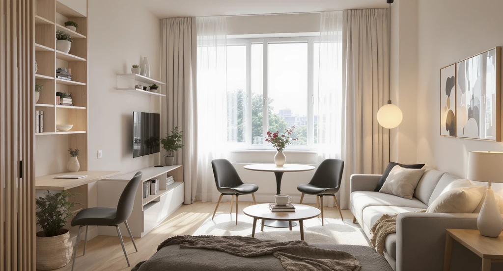 Open-plan studio apartment with multifunctional furniture, creative wall storage, and stylish dining and workspace solutions for awkward apartment layouts.